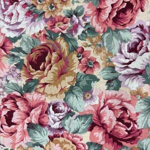 1995 Cranston Cotton Floral Fabric 1 5/8 yd Large Cabbage Roses Pink Beige Quilt